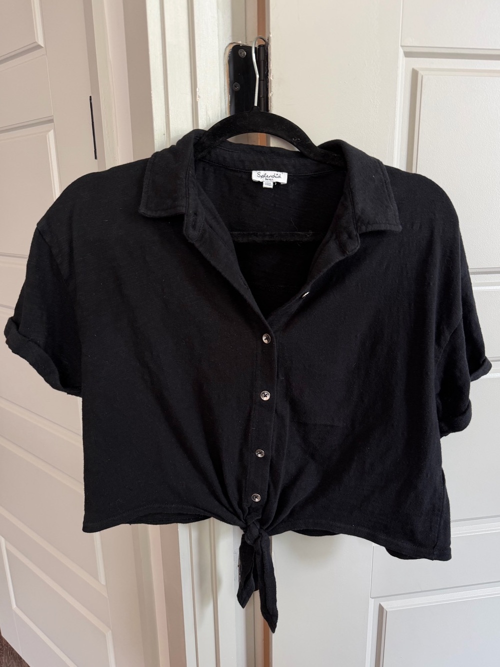 Splendid Button-up Front-Tie Cropped Blouse